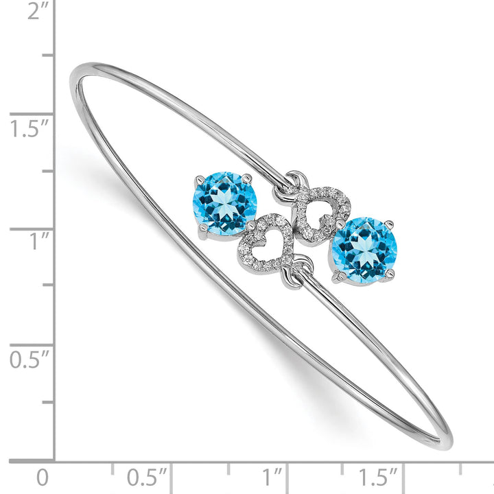 14k White Gold Round Blue Topaz and 1/8 carat Diamond Hearts Flexible