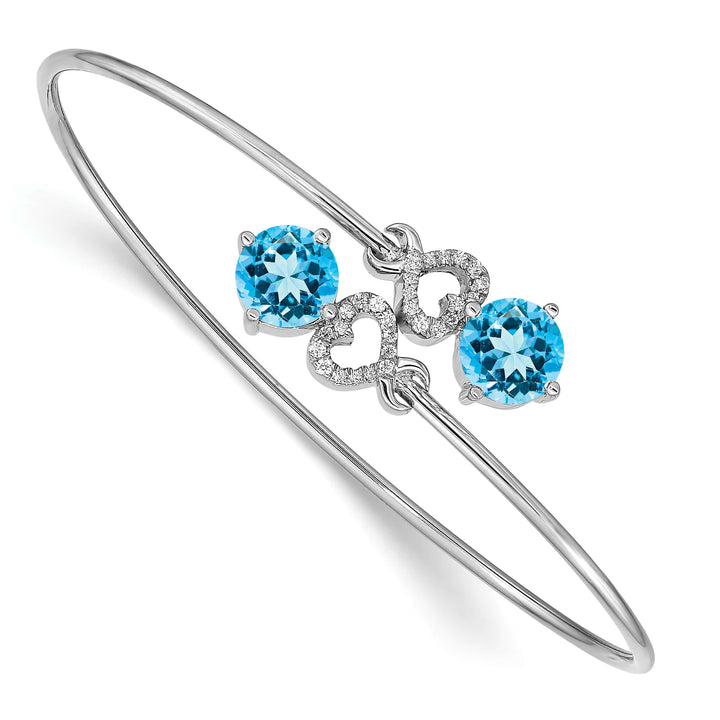 14k White Gold Round Blue Topaz and 1/8 carat Diamond Hearts Flexible