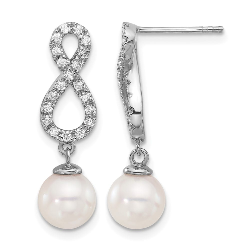 14K White Gold Round Pearl .40 Carat Diamond Infinity Dangle Earrings, view 1 of 4