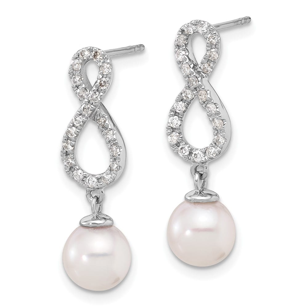 14K White Gold Round Pearl .40 Carat Diamond Infinity Dangle Earrings, view 2 of 4