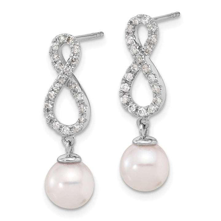 14K White Gold Round Pearl .40 Carat Diamond Infinity Dangle Earrings, view 2 of 4