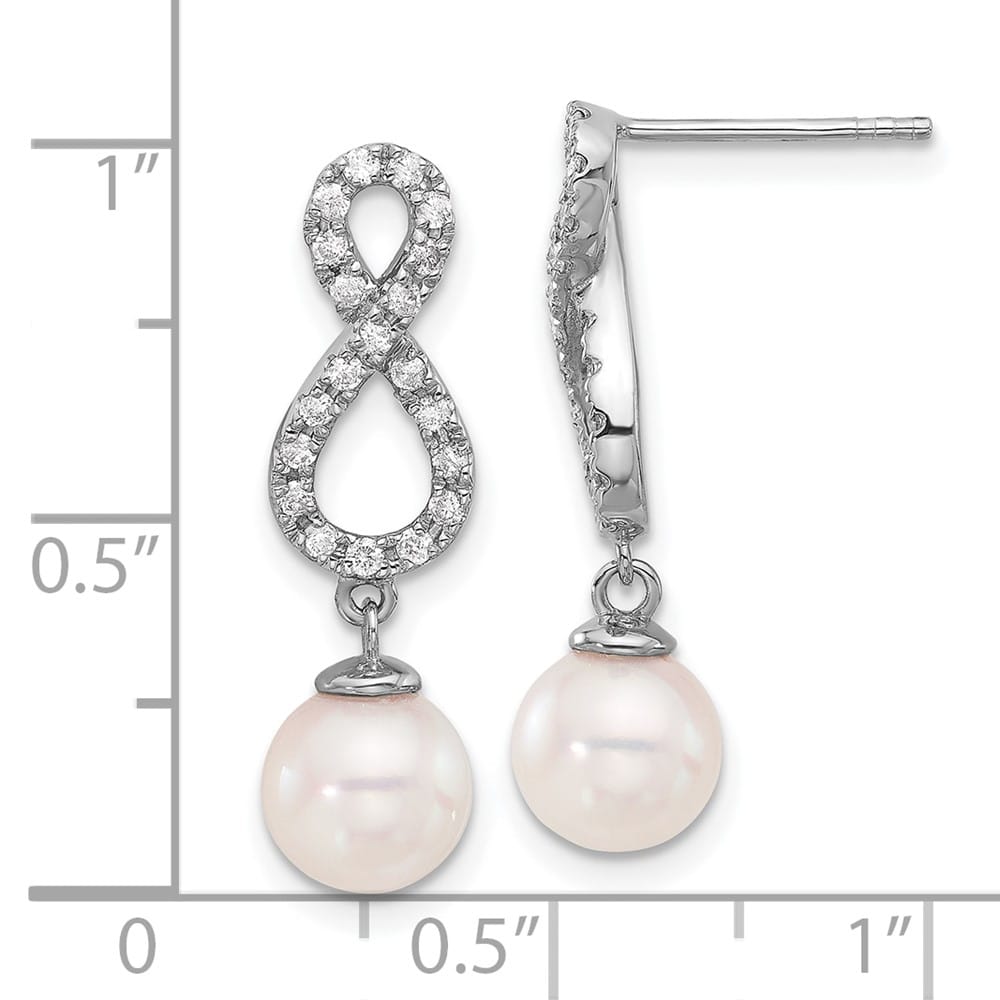 14K White Gold Round Pearl .40 Carat Diamond Infinity Dangle Earrings, view 4 of 4