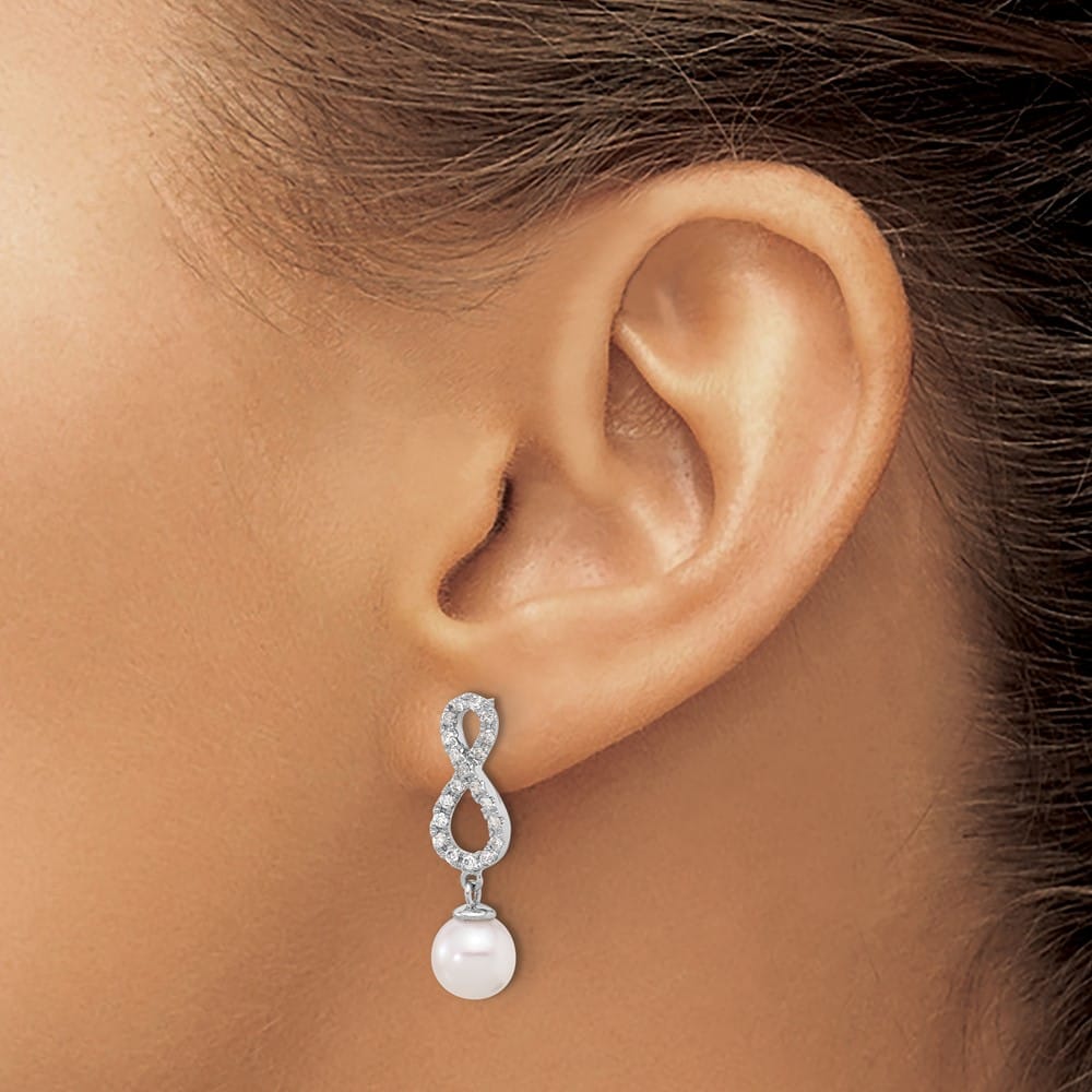 14K White Gold Round Pearl .40 Carat Diamond Infinity Dangle Earrings, view 3 of 4
