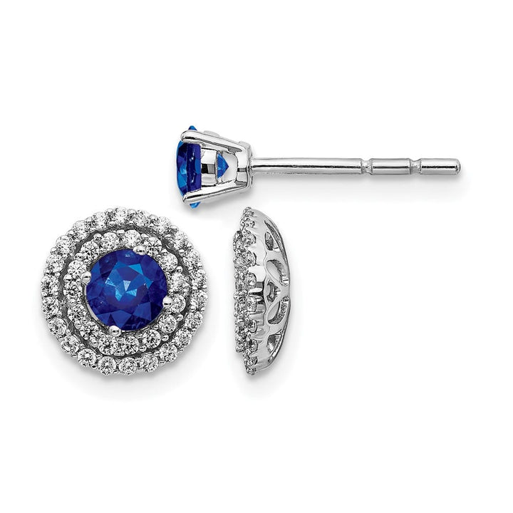 14K White Gold Row Diamond Halo Jackets and 4mm Sapphire Stud Earrings, view 1 of 4