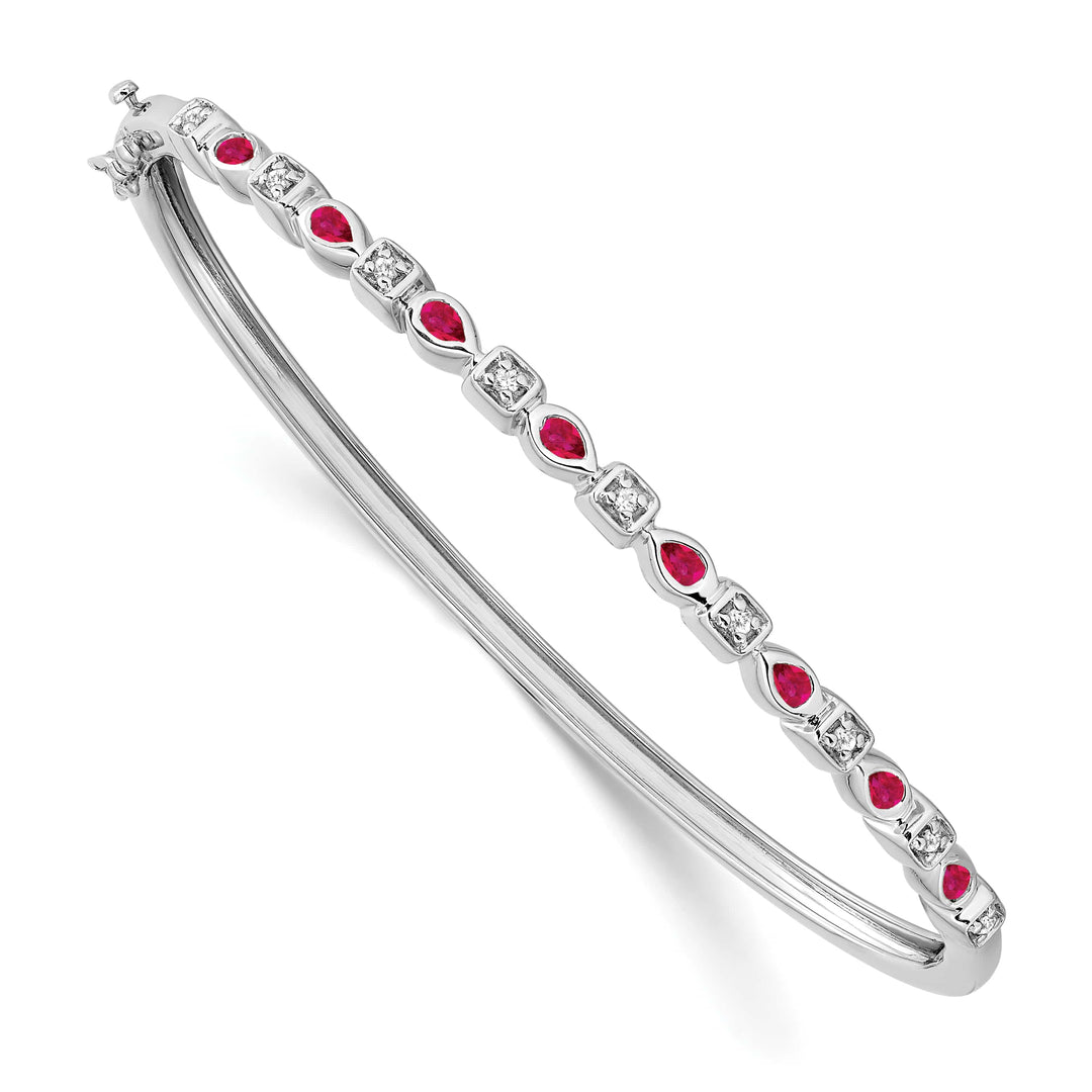 14k White Gold Ruby and 1/10 carat Diamond Hinged Bangle Bracelet