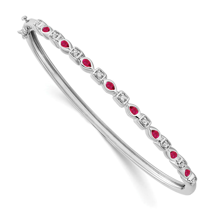 14k White Gold Ruby and 1/10 carat Diamond Hinged Bangle Bracelet