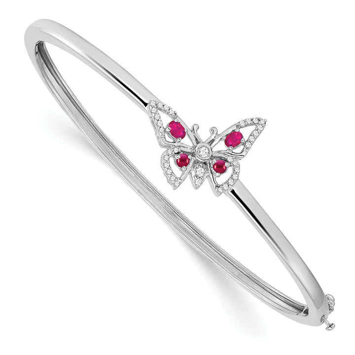 14k White Gold Ruby and 1/6 carat Diamond Butterfly Hinged Bangle