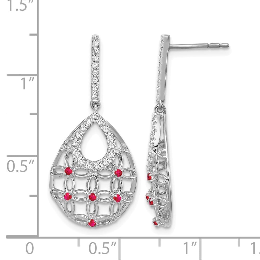14K White Gold Ruby and Diamond Filigree Teardrop Dangle Post Earrings, view 4 of 4