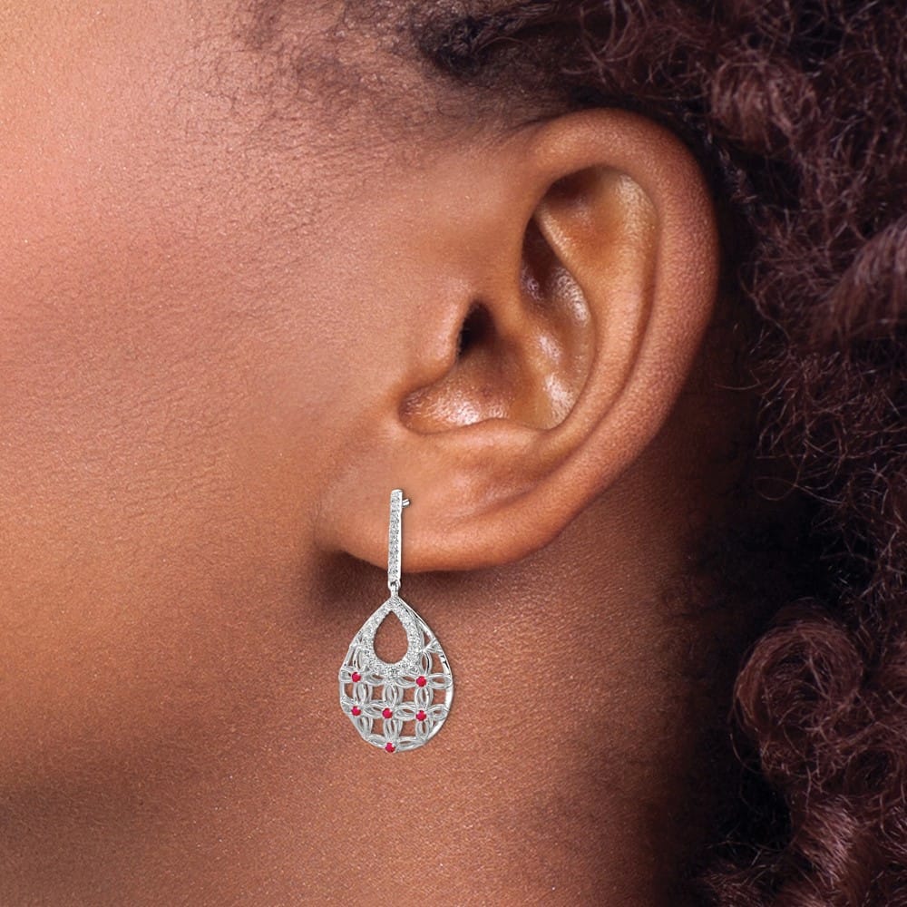 14K White Gold Ruby and Diamond Filigree Teardrop Dangle Post Earrings, view 3 of 4
