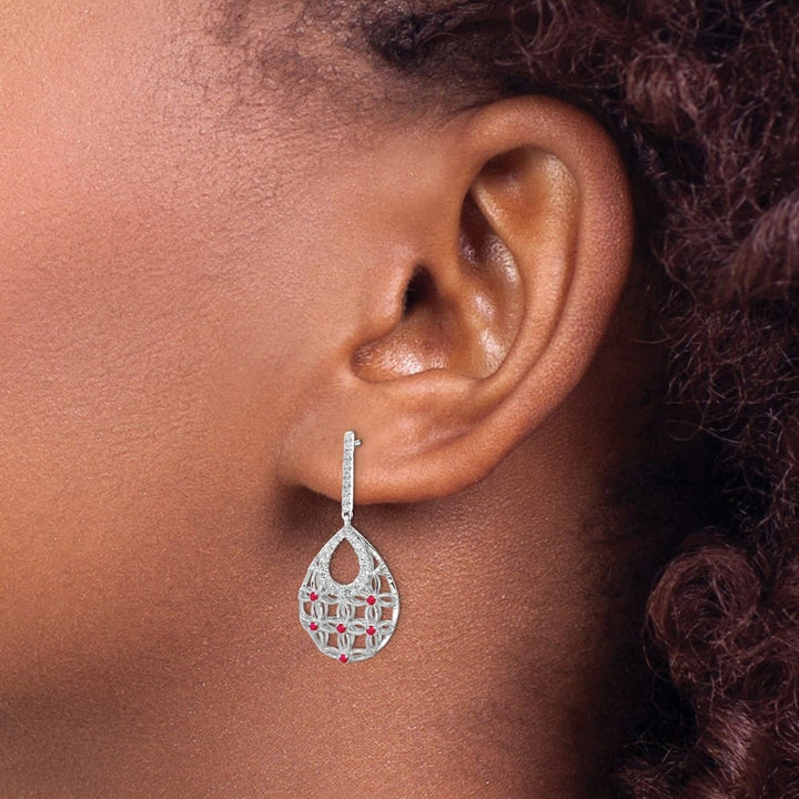 14K White Gold Ruby and Diamond Filigree Teardrop Dangle Post Earrings, view 3 of 4