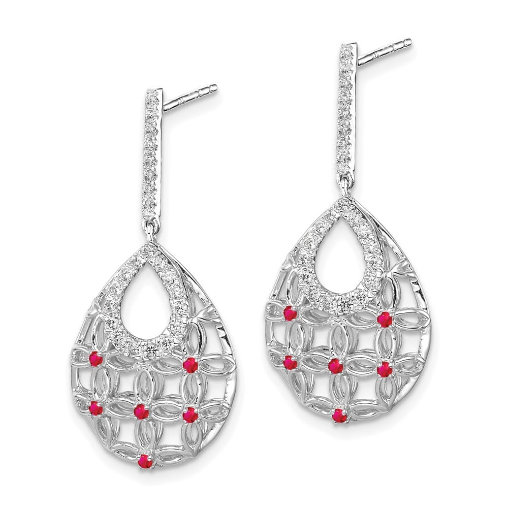 14K White Gold Ruby and Diamond Filigree Teardrop Dangle Post Earrings, view 2 of 4