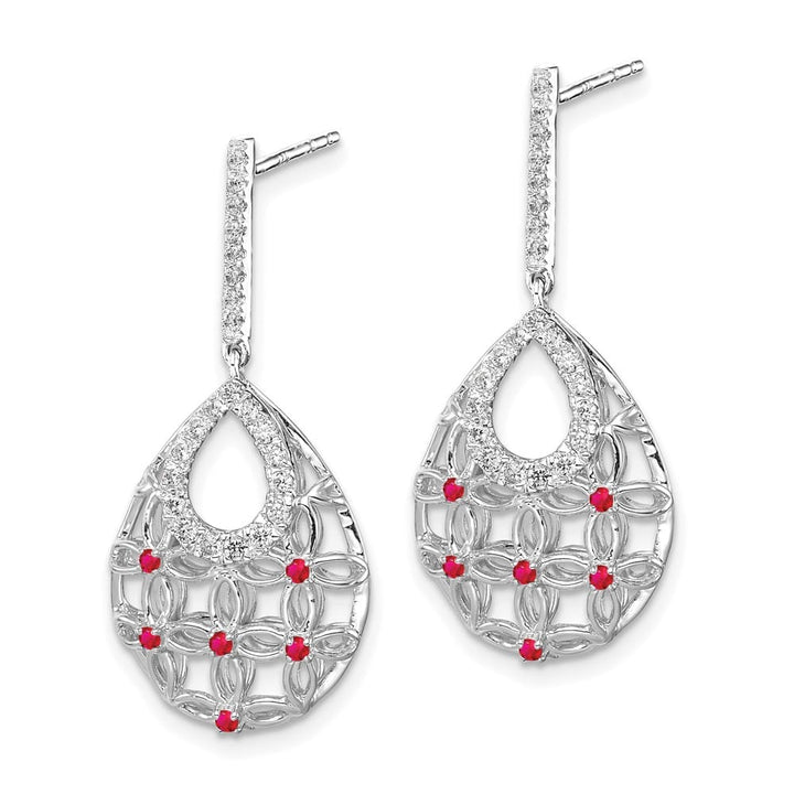 14K White Gold Ruby and Diamond Filigree Teardrop Dangle Post Earrings, view 2 of 4
