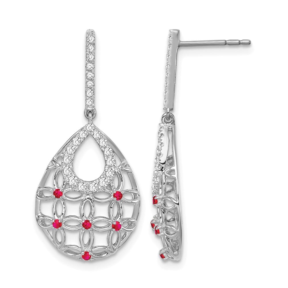 14K White Gold Ruby and Diamond Filigree Teardrop Dangle Post Earrings, view 1 of 4