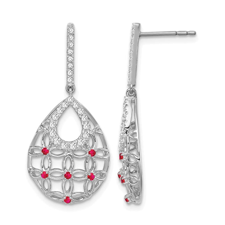 14K White Gold Ruby and Diamond Filigree Teardrop Dangle Post Earrings, view 1 of 4