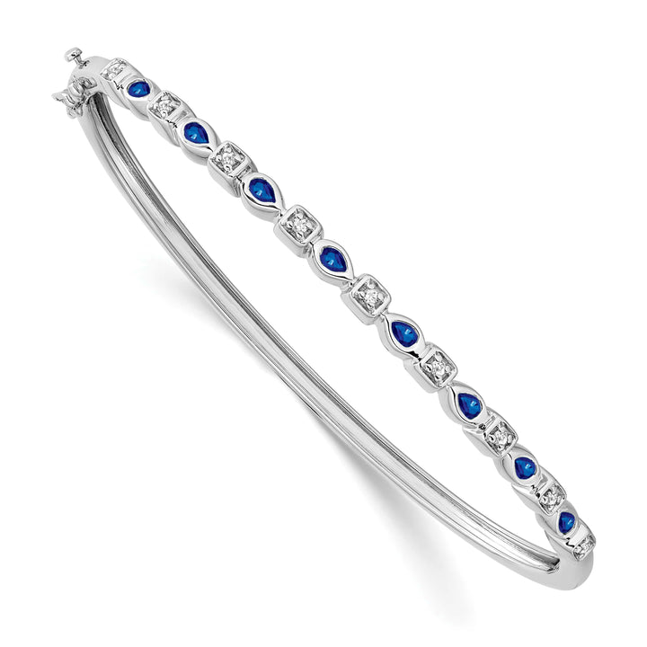 14k White Gold Sapphire and 1/10 carat Diamond Hinged Bangle Bracelet