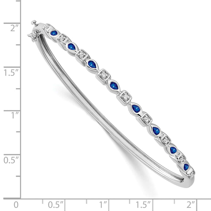 14k White Gold Sapphire and 1/10 carat Diamond Hinged Bangle Bracelet