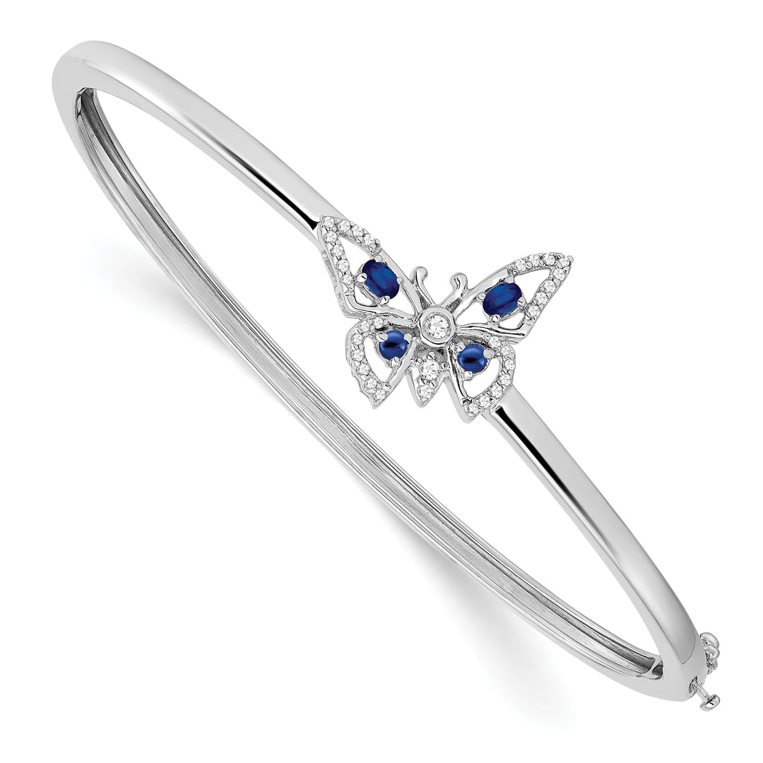 14k White Gold Sapphire and 1/6 carat Diamond Butterfly Hinged Bangle