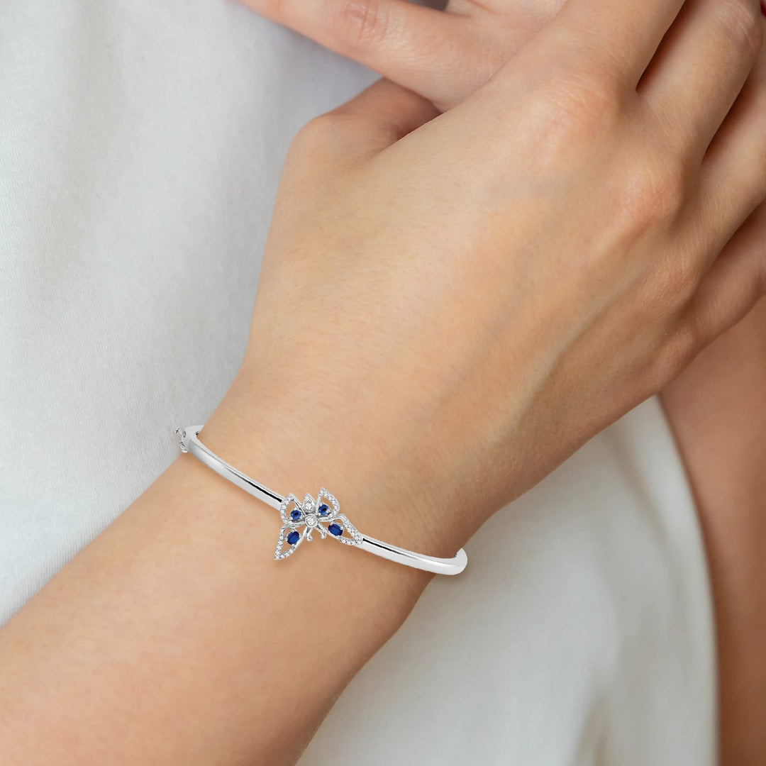 14k White Gold Sapphire and 1/6 carat Diamond Butterfly Hinged Bangle