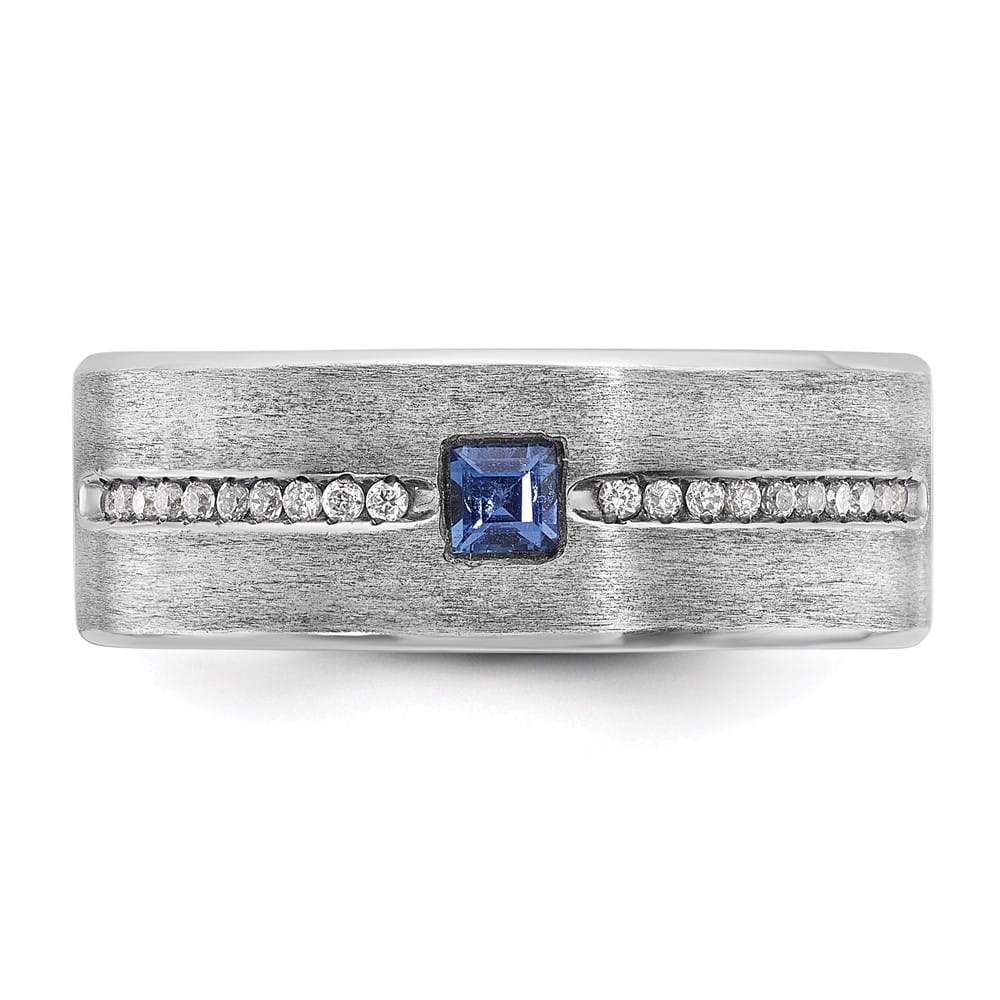 14k White Gold Satin Lab Created Sapphire Diamond Men's Ring
