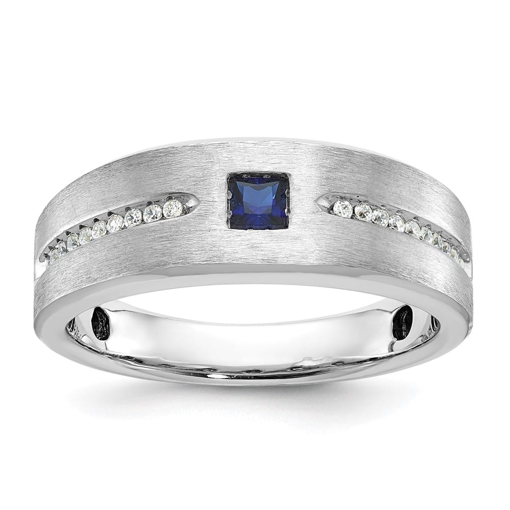 14k White Gold Satin Lab Created Sapphire Diamond Men's Ring