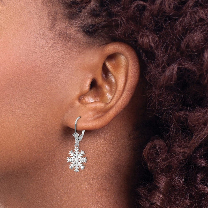 14K White Gold Snowflake Dangle Leverback Earrings, view 4 of 6