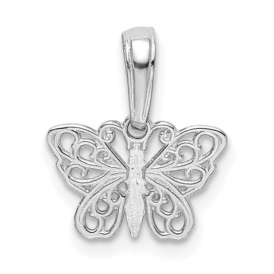 14k White Gold Solid Polished Filigree Butterfly Pendant