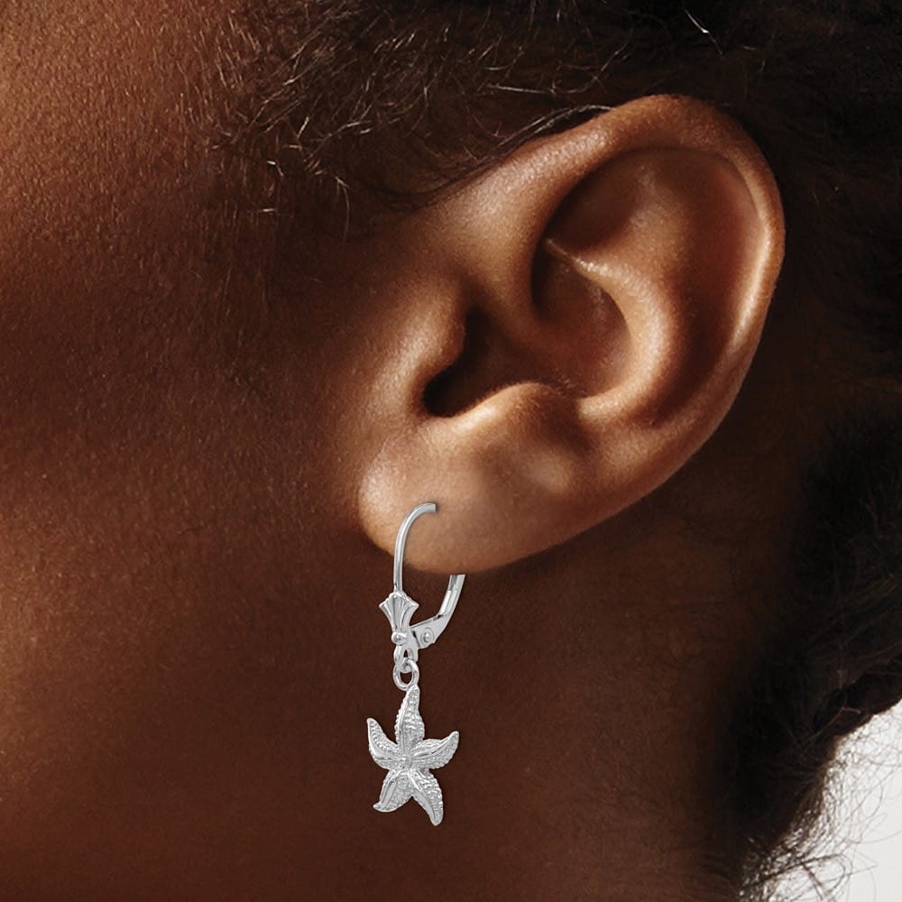 14K White Gold Starfish Leverback Earrings, view 3 of 4