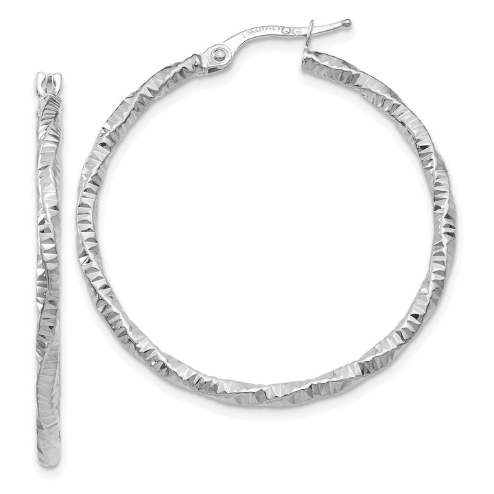 14K White Gold Timeless Polished Textured 34.5mm Hoops