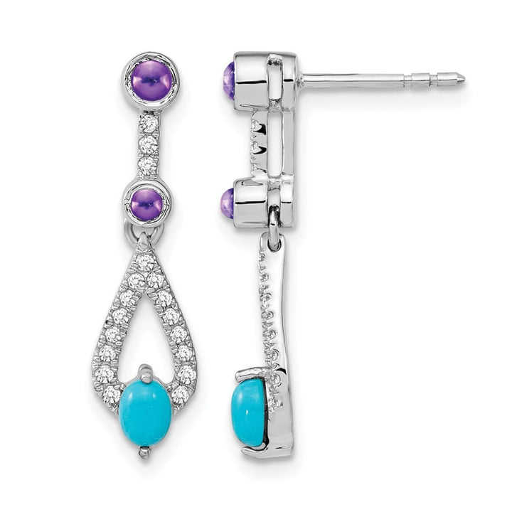 14K White Gold Turquoise/Amethyst/White Topaz Dangle Post Earrings, view 1 of 4