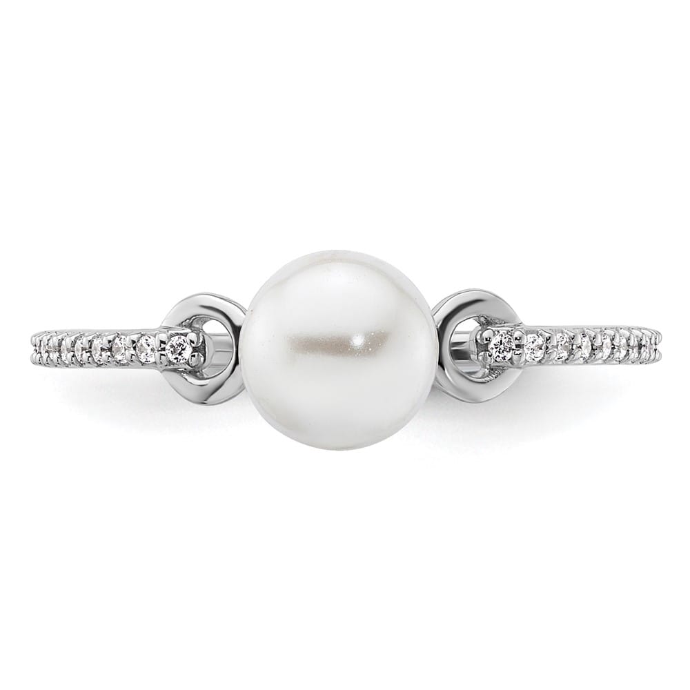14k White Gold White Freshwater Cultured Pearl 1/15 Carat Diamond Ring Size 7