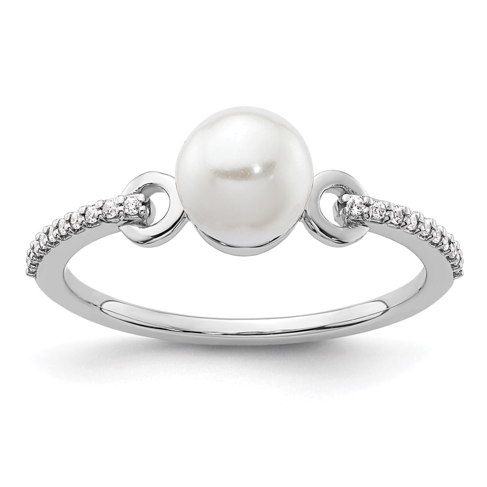 14k White Gold White Freshwater Cultured Pearl 1/15 Carat Diamond Ring Size 7