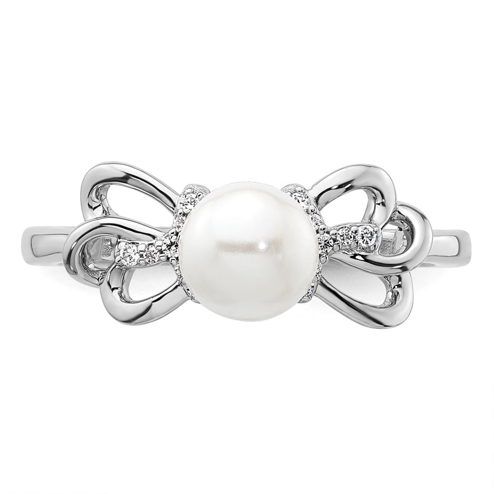 14k White Gold White Freshwater Cultured Pearl 1/20 Carat Diamond Ring Size 7
