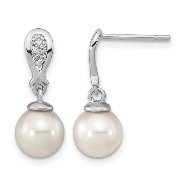 14K White Gold White Round Pearl .03 Carat Diamond Dangle Earrings, view 1 of 4
