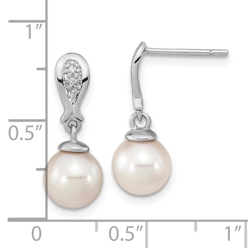 14K White Gold White Round Pearl .03 Carat Diamond Dangle Earrings, view 4 of 4