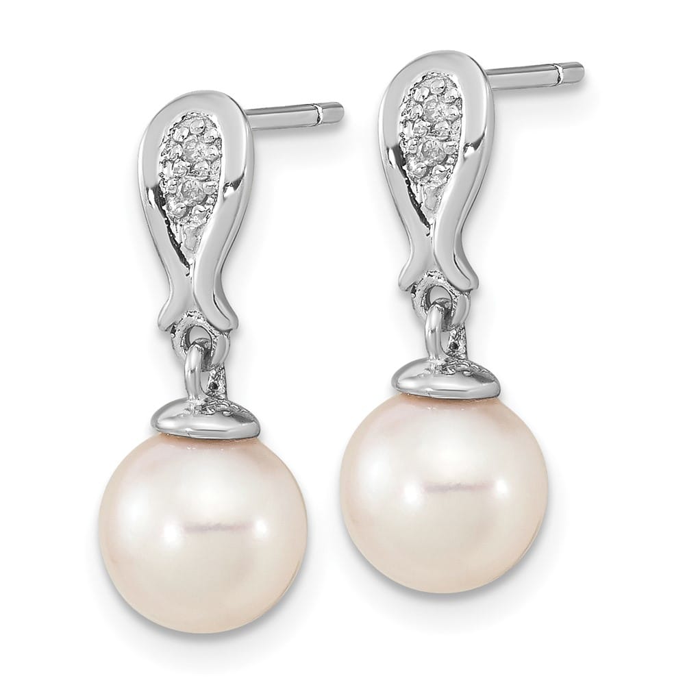 14K White Gold White Round Pearl .03 Carat Diamond Dangle Earrings, view 2 of 4