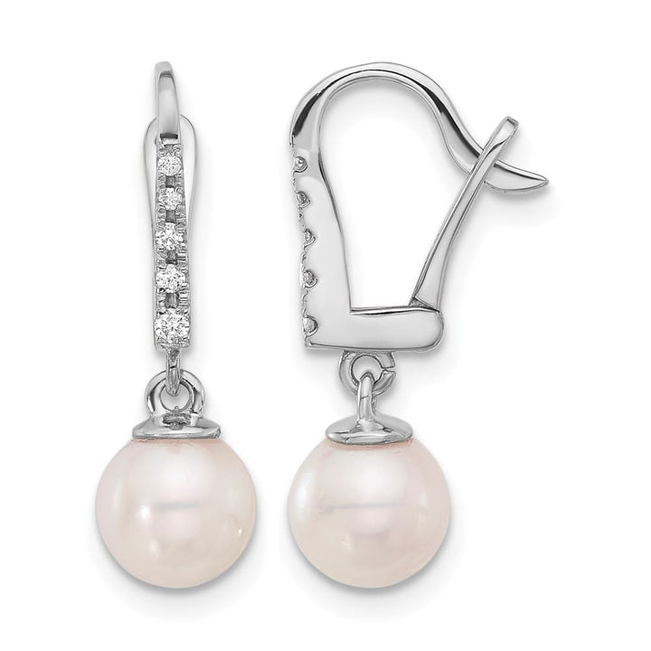 14K White Gold White Round Pearl .085 Carat Diamond Dangle Earrings, view 1 of 4