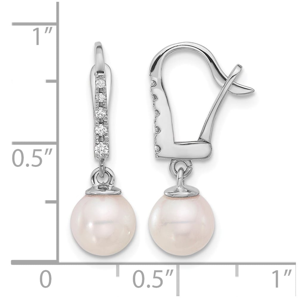 14K White Gold White Round Pearl .085 Carat Diamond Dangle Earrings, view 4 of 4