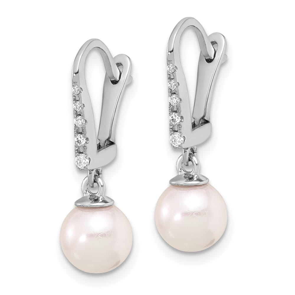 14K White Gold White Round Pearl .085 Carat Diamond Dangle Earrings, view 2 of 4