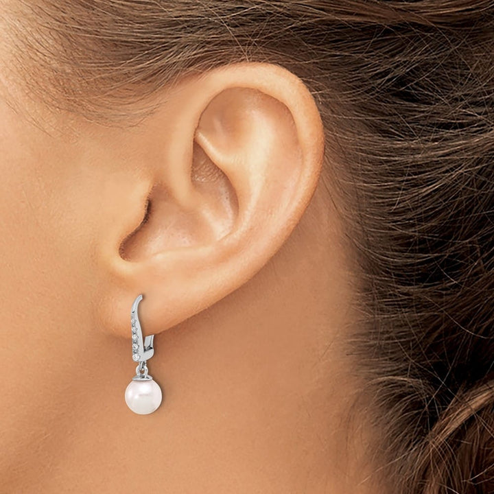14K White Gold White Round Pearl .085 Carat Diamond Dangle Earrings, view 3 of 4
