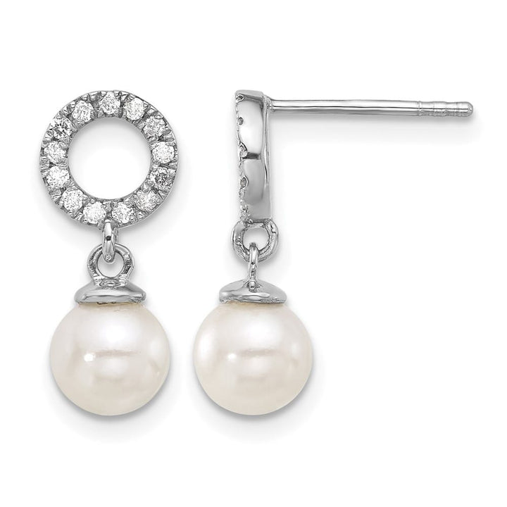 14K White Gold White Round Pearl .20 Carat Diamond Dangle Earrings, view 1 of 4