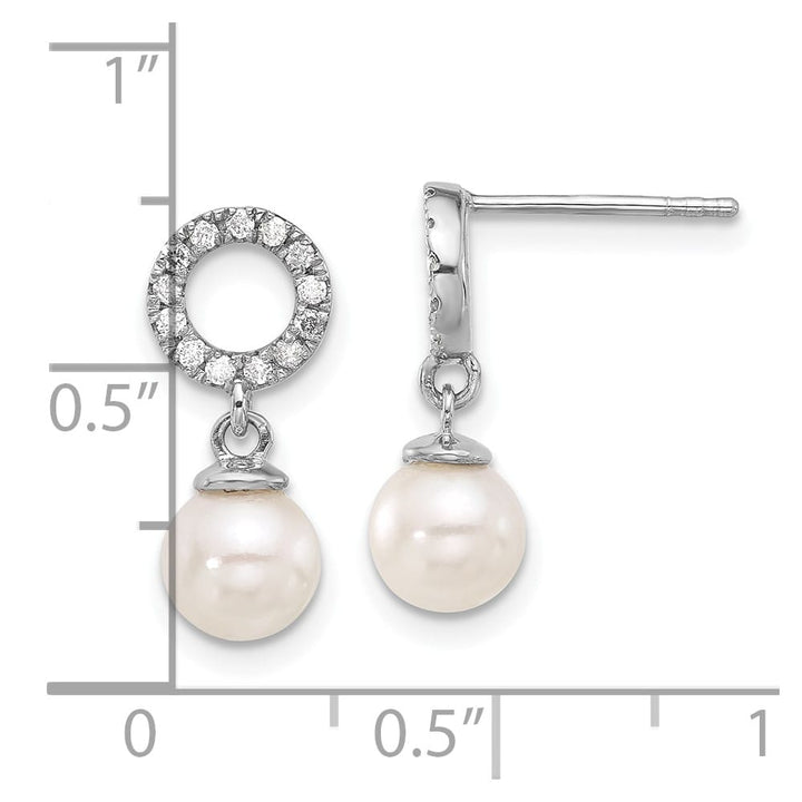 14K White Gold White Round Pearl .20 Carat Diamond Dangle Earrings, view 4 of 4