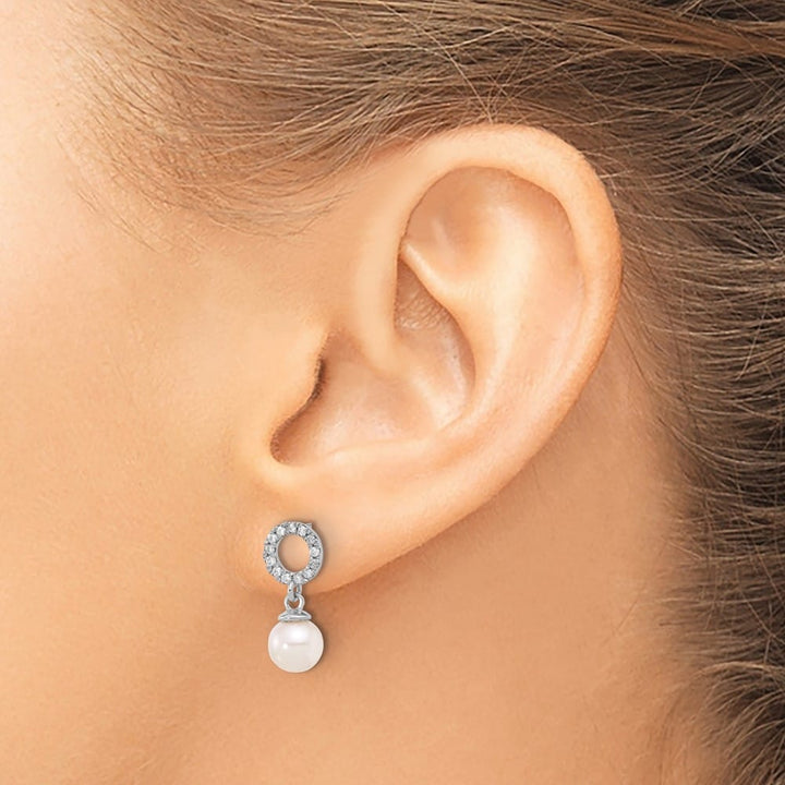 14K White Gold White Round Pearl .20 Carat Diamond Dangle Earrings, view 3 of 4