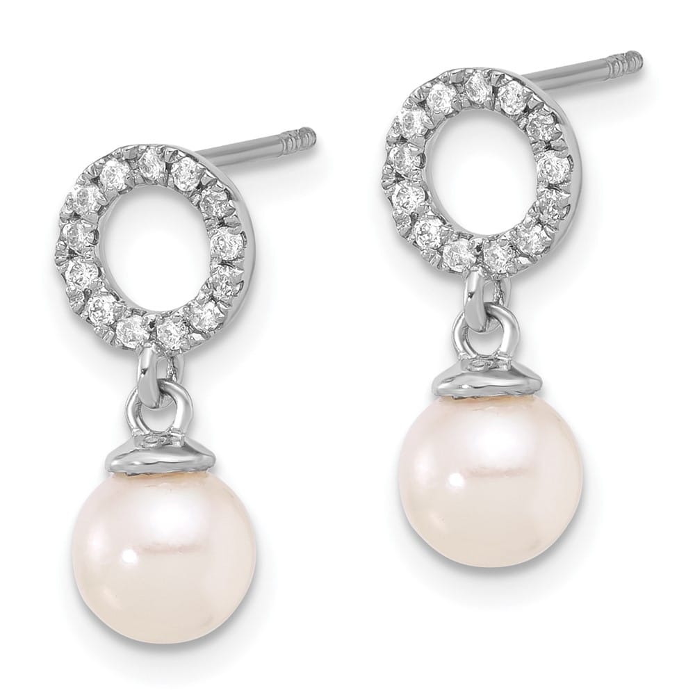 14K White Gold White Round Pearl .20 Carat Diamond Dangle Earrings, view 2 of 4