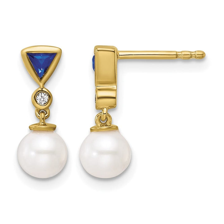 14K White Round Freshwater Pearl/.02 carat Diamond/Trillion Earrings