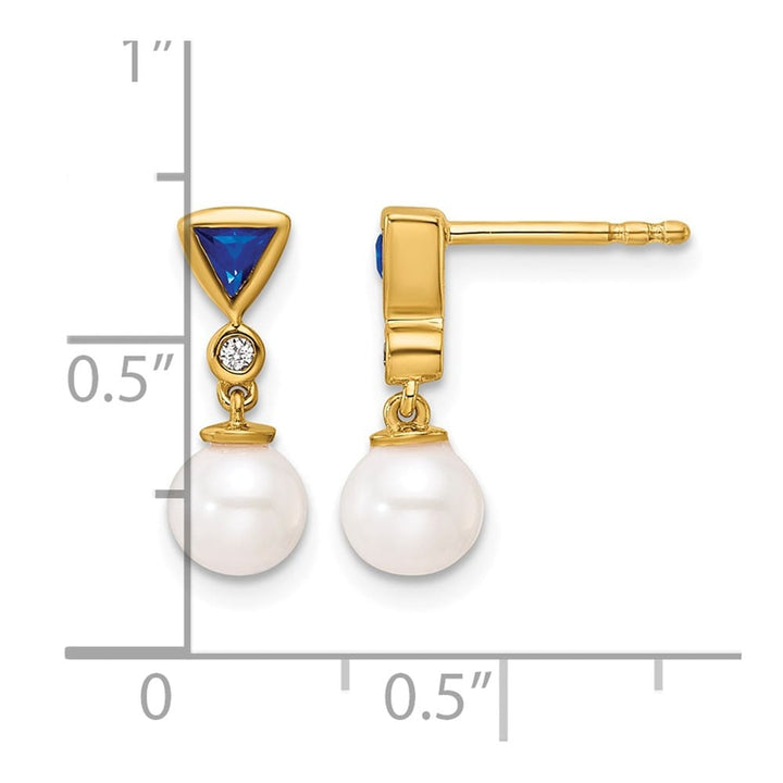 14K White Round Freshwater Pearl/.02 carat Diamond/Trillion Earrings