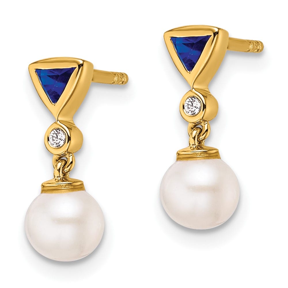 14K White Round Freshwater Pearl/.02 carat Diamond/Trillion Earrings