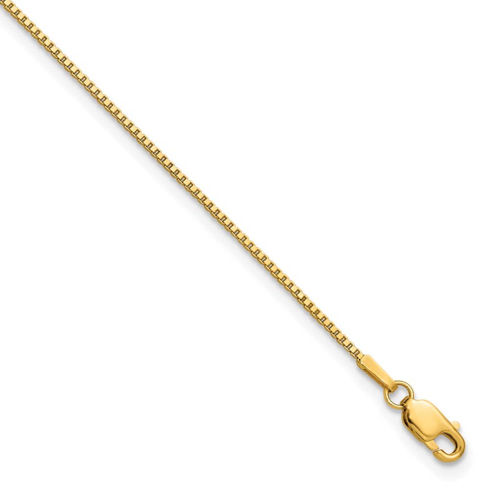 14K Yellow Gold 1.05mm Box with Lobster Clasp Anklet — solid 14K yellow gold, 9 inches long, 1.05 mm wide, lobster clasp, 2.02 g