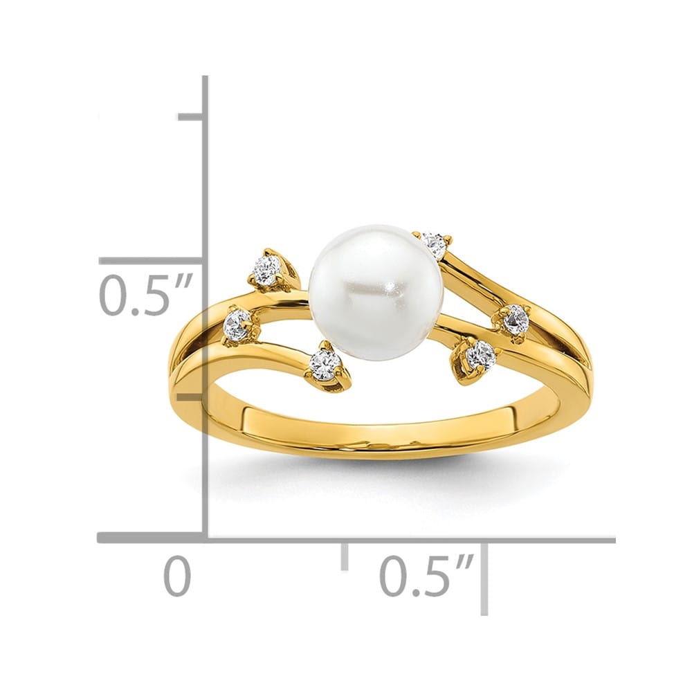 14k Yellow Gold 1/10 Carat Diamond and White Cultured Pearl Ring Size 7