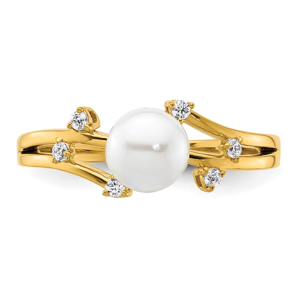 14k Yellow Gold 1/10 Carat Diamond and White Cultured Pearl Ring Size 7