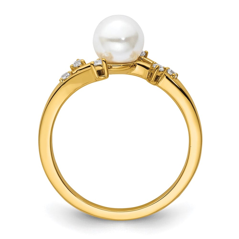 14k Yellow Gold 1/10 Carat Diamond and White Cultured Pearl Ring Size 7